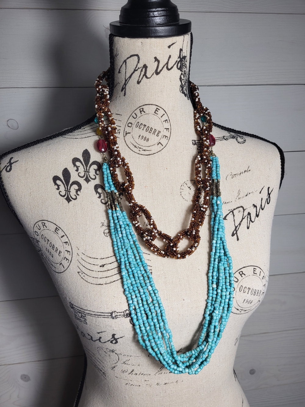 Beaded Necklace Set Turquoise Blue Multi-Strand & Brown Beaded Link Earthy BOHO.